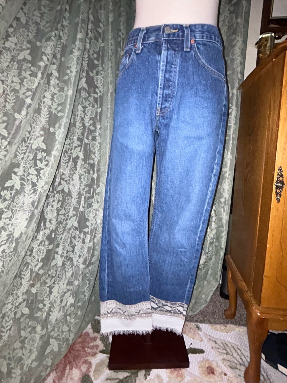 Y2K High-Rise Blue Denim Jeans Snakeskin Embossed Leather and Beaded Hem
